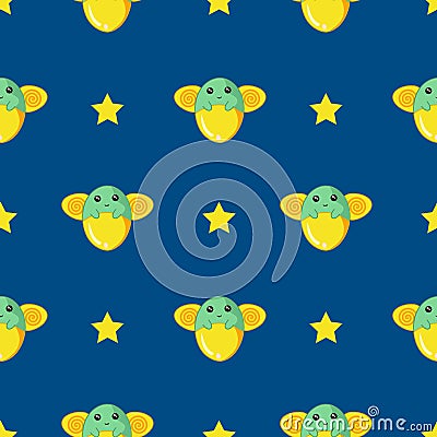 Seamless pattern of glowing cute cartoon kawaii firefly bug with bright yellow starts on dark blue background. Night time sky for Stock Photo
