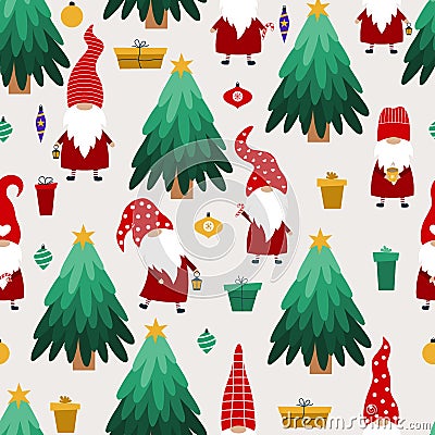 Seamless pattern with gnomes and New year`s trees Vector Illustration