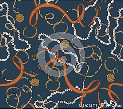 Seamless pattern with gold chain , belt and pearls.vector illustration Cartoon Illustration