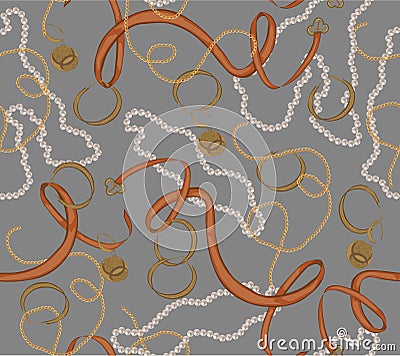 Seamless pattern with gold chain , belt and pearls.vector illustration Cartoon Illustration