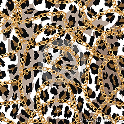 Seamless pattern with gold chain on lepard skin , belt and pearls. illustration Cartoon Illustration