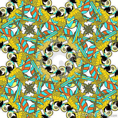 Seamless pattern with gold circles dancing fun Caribbean parrot Vector Illustration