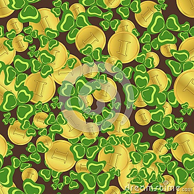 Seamless pattern. Gold coins and leaves of a klerov. Good luck and wealth. St. Patrick`s Day in Ireland. Vector Illustration