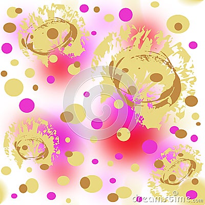 Seamless pattern of gold, coral and purple abstract spots, lines and dots. Stock Photo