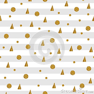 Seamless pattern with gold dots and triangles on striped background Vector Illustration