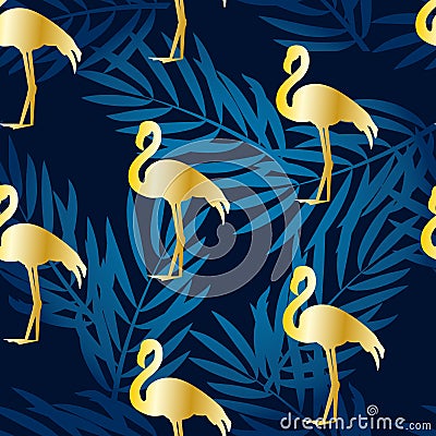 Seamless pattern with gold flamingo and gradient palm branches. Ornament for textile and wrapping. Vector Vector Illustration