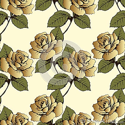 Seamless pattern from gold flowers roses. Woven flowers, buds, leaves and stems on a yellow background. Wallpaper, wrapper, packag Vector Illustration