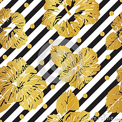 Seamless pattern gold hibiscus on striped background Vector Illustration