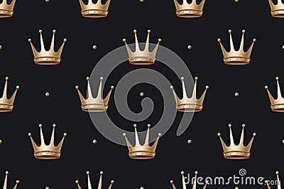 Seamless pattern with gold king crown on a dark black background Vector Illustration