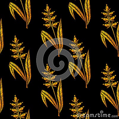 Seamless pattern with gold little wheat embroidery stitches imitation Vector Illustration