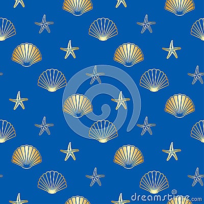 seamless pattern with gold seashells - vector blue background Vector Illustration