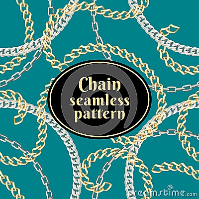 Seamless pattern with gold and silver chains on greenish-blue background. Vector illustration. Stock Photo