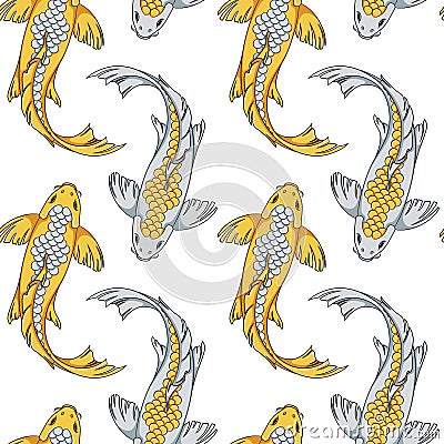 Seamless pattern with gold and silver koi fish carps. Vector Illustration