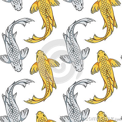 Seamless pattern with gold and silver koi fish carps. Colored background. Vector Illustration