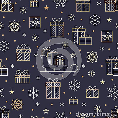 Seamless pattern with gold snowflakes and presents on dark purple background. Flat line gift boxes icons, cute repeat Vector Illustration