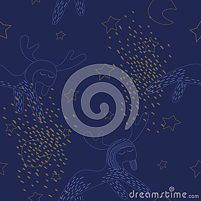 Seamless pattern with gold stars, lines pattern, moons and blue mooses on dark isolated background. Stock Photo