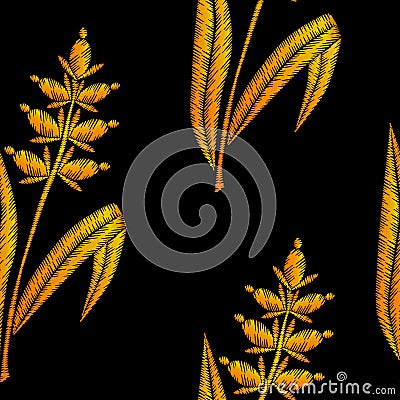 Seamless pattern with gold wheat embroidery stitches imitation o Vector Illustration