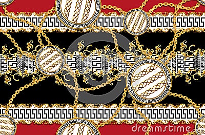 Seamless Pattern of Golden antique decorative barque and chains with versace motif on red and bkack background. Fabric Design Back Stock Photo