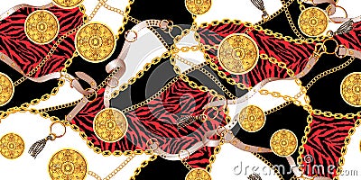 Seamless pattern with golden chains and belts, zebra skin Stock Photo