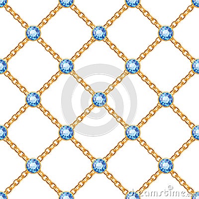 Seamless pattern with golden chains sapphires. Vector Illustration