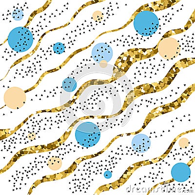 Seamless pattern with golden curved lines, beige and blue spheres Vector Illustration