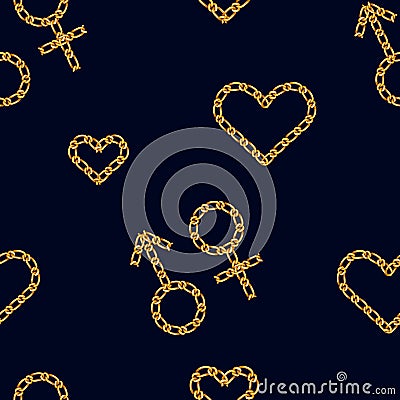 Seamless pattern with golden heart chain and Gender symbol. Golden Chain Ornament for Fashion Prints. symbol of mars and venus Vector Illustration