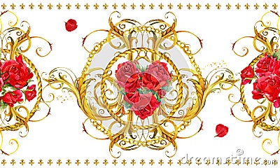 Seamless pattern with golden lace, red roses flower. watercolor Damask dold background Stock Photo