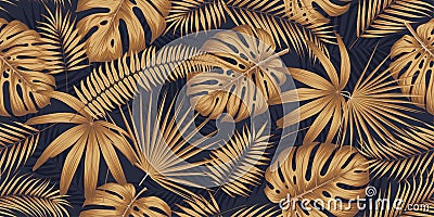 Seamless pattern with golden leaves monsters and tropical plants on a dark background, Exotic botany design collage style, luxury Vector Illustration