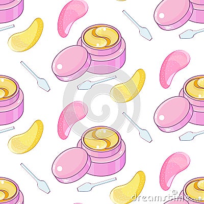 Seamless pattern golden and pink cosmetic eye patch. Cosmetic product for skin. Hydrogel patches under the eyes. ollagen mask. Stock Photo