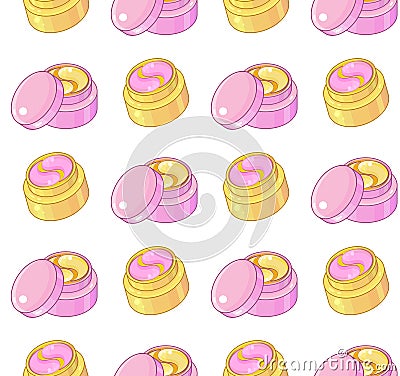 Seamless pattern golden and pink cosmetic eye patch. Cosmetic product for skin. Hydrogel patches under the eyes. ollagen mask. Stock Photo