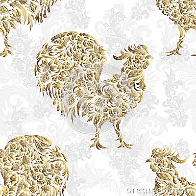 Seamless pattern with golden rooster on black background. 2017 new symbol. Vector Illustration