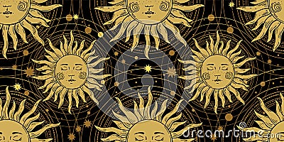 Seamless pattern with the golden sun on a black background, galaxies and stars. Mystical ornament in the old vintage Vector Illustration