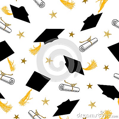 Seamless Pattern with Graduation Caps and Gold Stars Vector Illustration