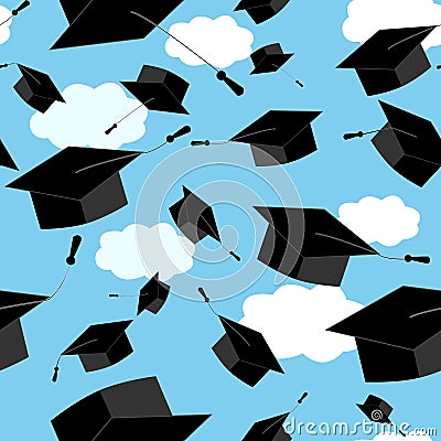 Seamless pattern of graduation hat thrown up in the clouds sky. Vector educate cap illustration Vector Illustration