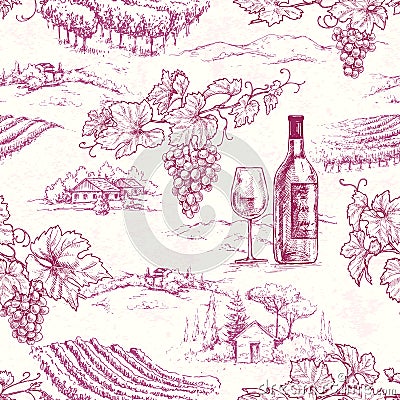 Seamless Pattern with Grape Branches and Vineyards Vector Illustration