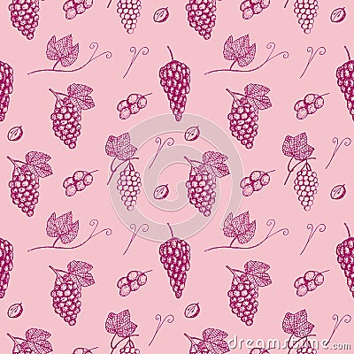 Seamless pattern grapes, vector illustration, bunches of grapes, leaves and twigs, cut grapes, sketch, red Cartoon Illustration