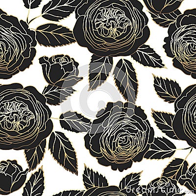 Seamless pattern with graphic dark and golden roses. Vector. Vector Illustration