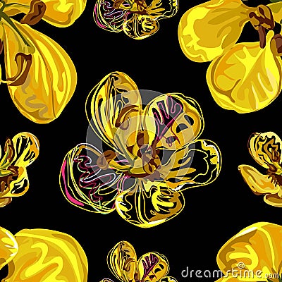 Seamless pattern,Graphic design, Cassia flower in abstract style on black background Vector Illustration