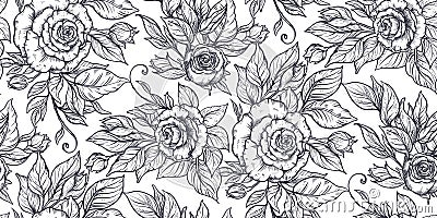 Seamless pattern with graphic rose flowers, vector floral endless background Vector Illustration