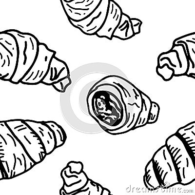 Seamless pattern with graphical sketch of croissant isolated on white background. Vector Cartoon Illustration