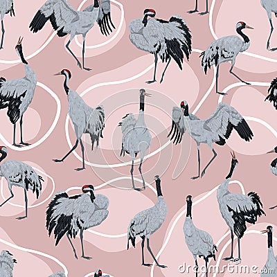 Seamless pattern with gray cranes Grus communis in different poses. Vector Illustration