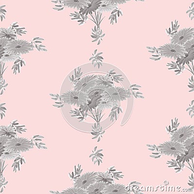 Seamless pattern of gray flowers and leaves on a light pink background. Geometric. Watercolor Stock Photo