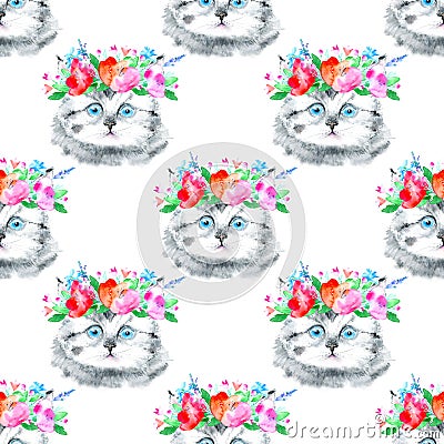 Seamless pattern of a gray kitten and floral wreath.Cat greeting card. Cartoon Illustration