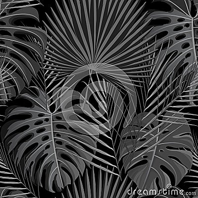 Seamless pattern with grayscale tropical exotic palm leaves Vector Illustration