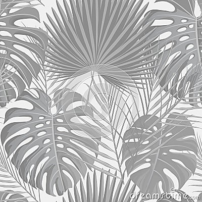 Seamless pattern with grayscale tropical exotic palm leaves Vector Illustration