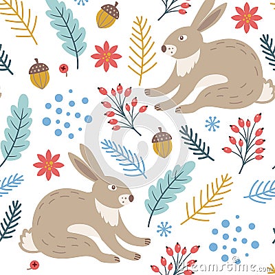 Seamless pattern with green branch, acorn and rabbit Vector Illustration