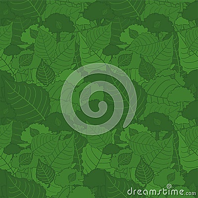 Seamless pattern, green camouflage poplar leaves for fabrics, Wallpapers, tablecloths, prints and designs. Abstract background Vector Illustration