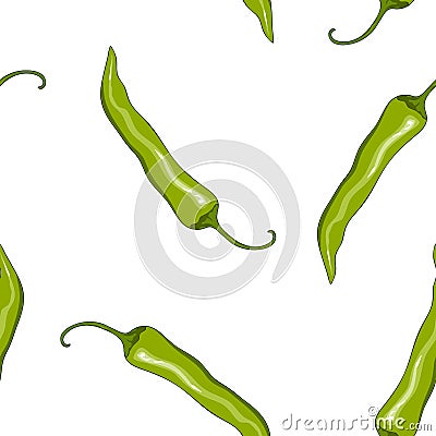 Seamless pattern green chilli pepper. Peppers background. Hand drawing. Vector illustration. Cartoon style. Vector Illustration