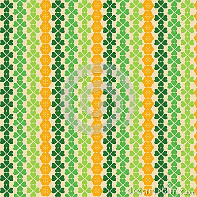 seamless pattern in green colourful shamrocks clovers four leaf clovers Vector Illustration