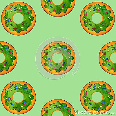 Seamless pattern of green donuts on a light green background. Confectionery sweets top view. Cartoon Illustration